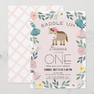 Invitation Jardin rose Floral Horse Girl 1er anniversaire