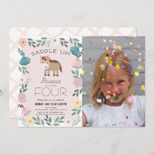 Invitation Jardin rose Floral Horse Girl Photo Anniversaire