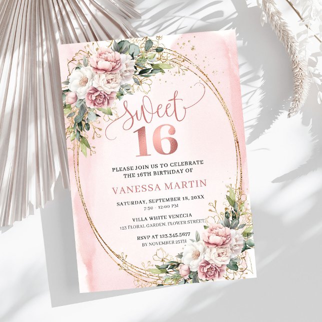Invitation Jardin Rose Gold Fleurs et Verdure Douze ans  (Garden Rose Gold Flowers and Greenery Sweet 16 Invite)