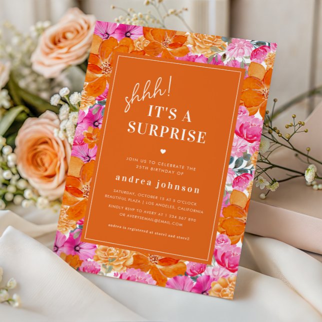 Invitation Jardin rose orange vibre Surprise fête d'anniversa (Créateur téléchargé)