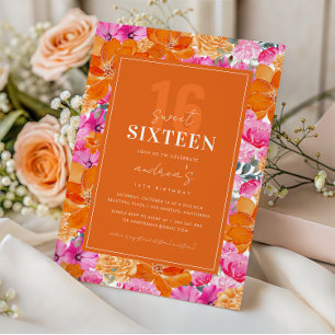 Invitation Jardin rose orange vibre Sweet 16 Anniversaire