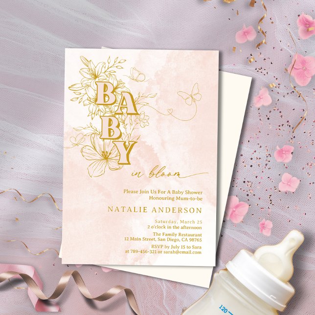 Invitation Jardin rose papillons floraux Baby in Bloom (Pink Garden Floral Butterflies Baby in Bloom Invitation )
