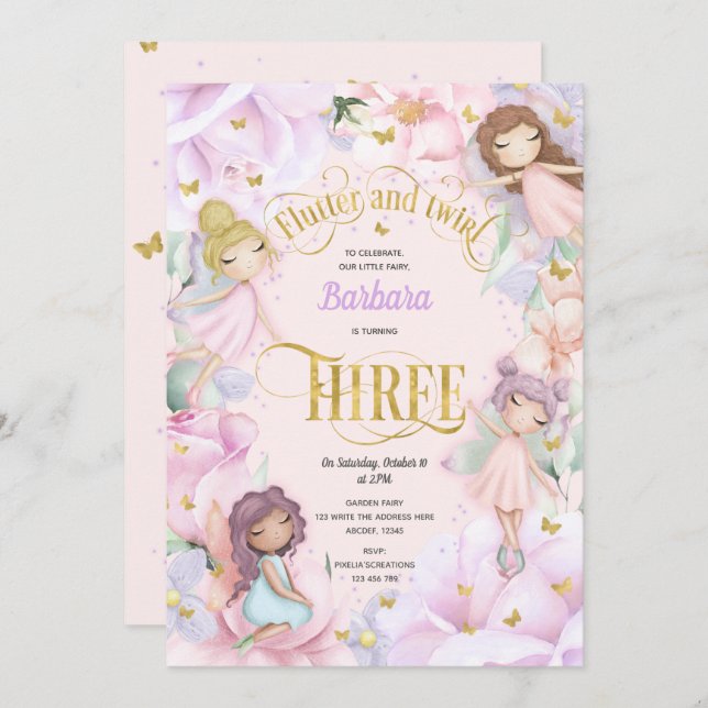 Invitation Jardin rose violet enchanté fée, 3ème anniversaire (Devant / Derrière)