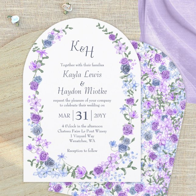 Invitation Jardin Rose violet et bleu clair Arches de mariage (purple lavender blue roses arched wedding invitation, rose garden arches, rose vines)