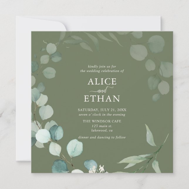 Invitation Jardin Rustique Eucalyptus Calligraphié Vert Sauge (Devant)