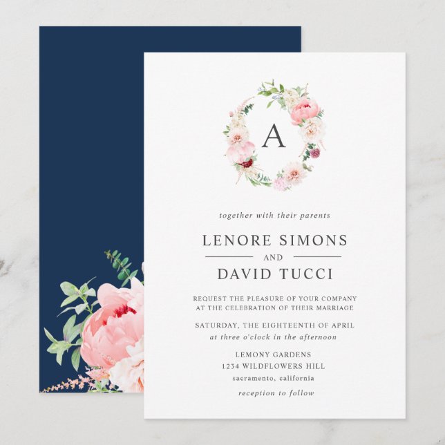Invitation Jardin Sauvage | Mariage Aquarelle Floral Monogram (Devant / Derrière)