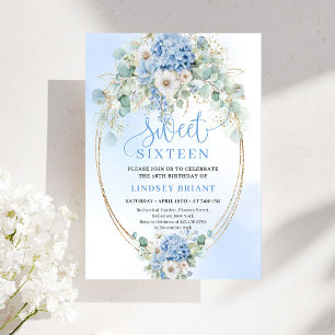 Invitation Jardin Script Fleurs Bleues Or Sweet 16 Anniversai