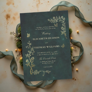 Invitation Jardin Secret Mariage Enchanté Émeraude Or
