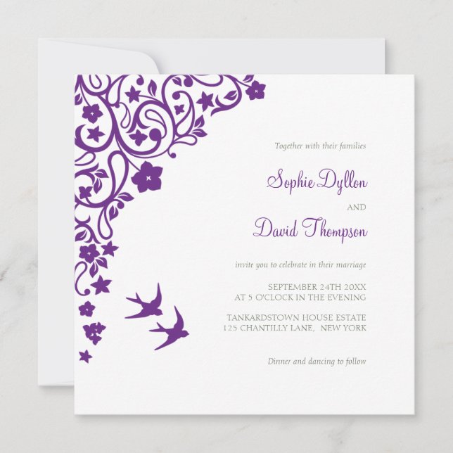 Invitation Jardin secret violet Mariage Lovebirds Floral (Devant)