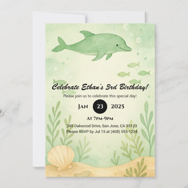 Invitation Jardin sous-marin et dauphin vert Anniversaire  (Devant)