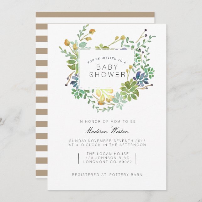 Invitation Jardin Succulent | Baby shower d'aquarelle florale (Devant / Derrière)