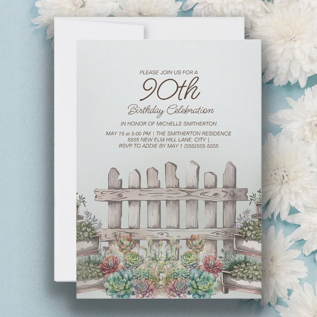 Invitation Jardin Succulents Porte Botanique 90e anniversaire (Garden and succulents 90th birthday party invitation for women)