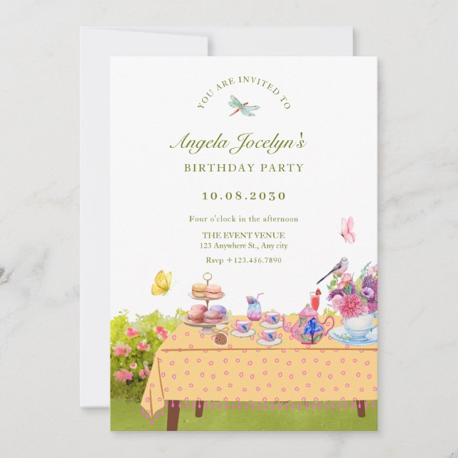 Invitation Jardin table tasse de thé nature anniversaire (Devant)