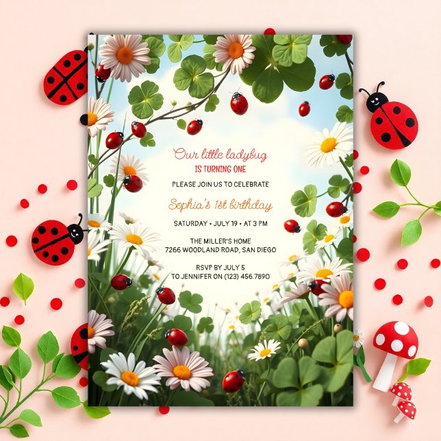 Invitation Jardin thème bébé fille Ladybug 1er anniversaire (Ladybug 1st Birthday Invitation – Garden Theme Party Invite for Baby Girl)