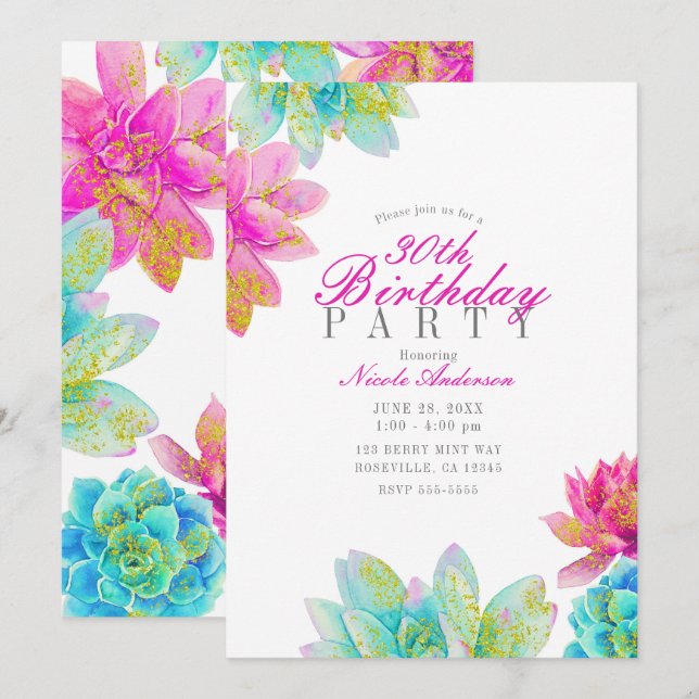 Invitation Jardin Turquoise rose vif Succulents Anniversaire (Devant / Derrière)