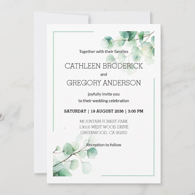 Invitation Jardin Vert Aquarelle Eucalyptus Feuilles (Devant)