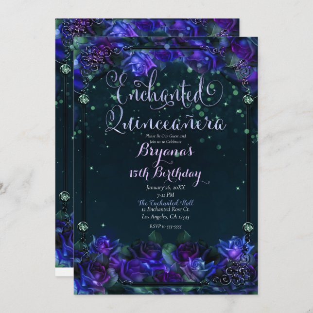 Invitation Jardin vert violet enchanté 15 Quinceañera (Devant / Derrière)