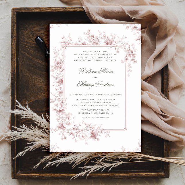 Invitation Jardin vintage Château Toile rose Mariage officiel (vintage garden wedding invitation chateau dusty pink toile floral old money formal traditional chic)