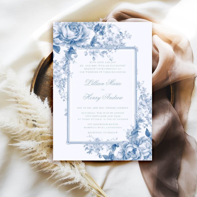 Invitation Jardin vintage Quelque chose Mariage Toile Bleu (vintage garden wedding invitation chateau something blue toile floral old money formal classic)
