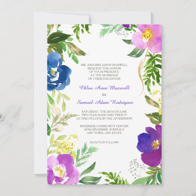 Invitation Jardin Violet Bleu Mariage officiel (Devant)