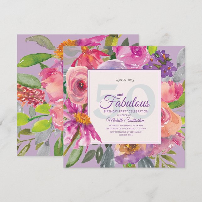 Invitation Jardin Violet Rose Floral 50 et Fabuleux (Devant / Derrière)
