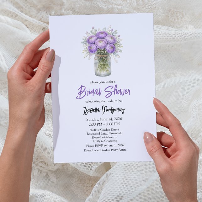 Invitation Jarre de maçon de mariage avec ranunculus de palet (Purple Palette Ranunculus Mason Jar Bridal Shower Invitation
)