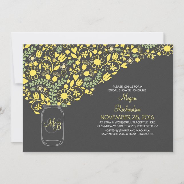 Invitation jarre de mason gris jaune floral mignon douche nup (Devant)