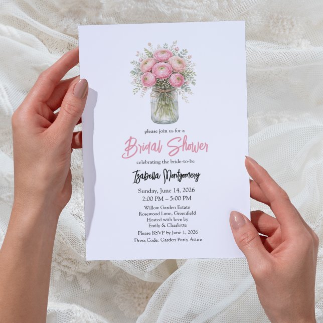 Invitation Jarre en brique de mariage de ranunculus à palette (Pink Palette Ranunculus Mason Jar Bridal Shower Invitation
)