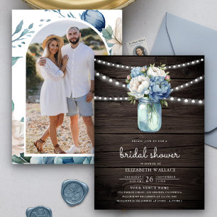 Invitation Jarre Mason Floral Bleu Poussiéreux Mariage Bois
