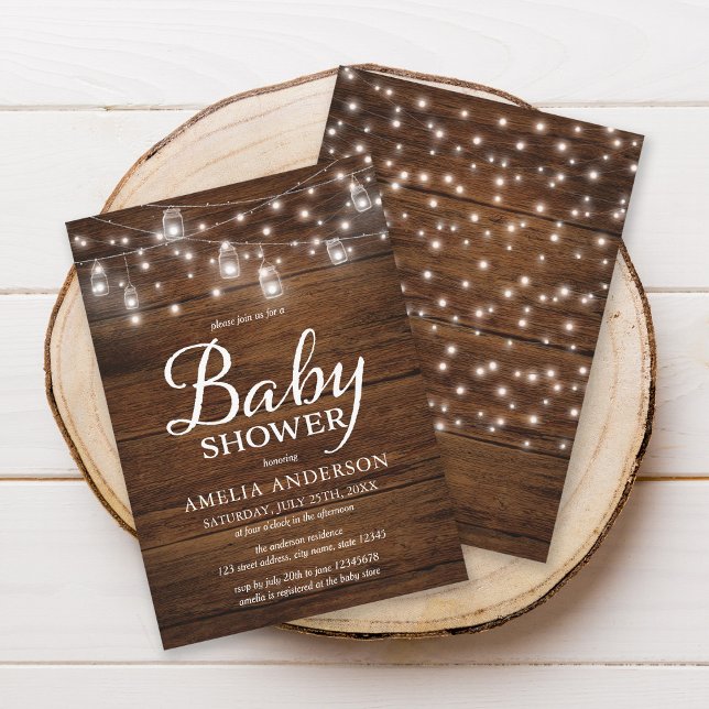 Invitation Jarres en bois rustique et Baby shower lumineux (Créateur téléchargé)