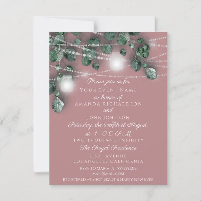 Invitation Jars de lumières de mariage Rustique Vert Rose Fum (Devant)
