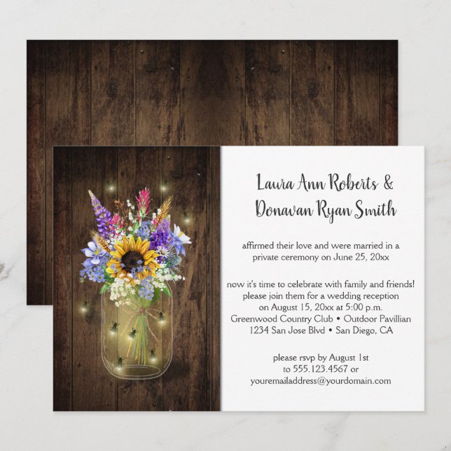 Invitation Jars de maçon aux lucioles Fleurs sauvages Récepti (Devant / Derrière)
