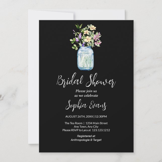 Invitation Jars Mason Avec Fleurs Mariage Shower Noir (Devant)