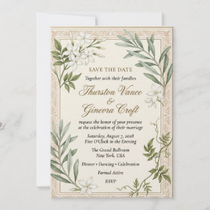 Invitation Jasmin blanc, branches d'olivier, bordure de parch