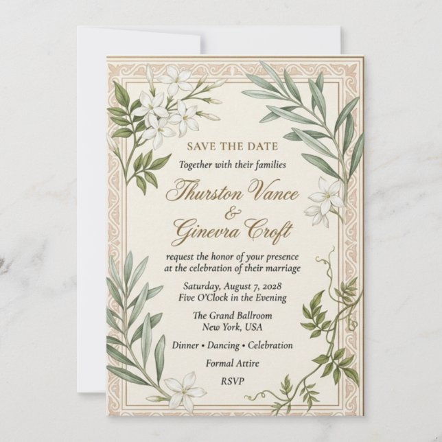 Invitation Jasmin blanc, branches d'olivier, bordure de parch (Devant)