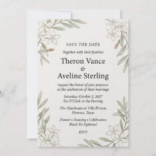 Invitation Jasmin blanc, feuillage aquarelle, ligne botanique