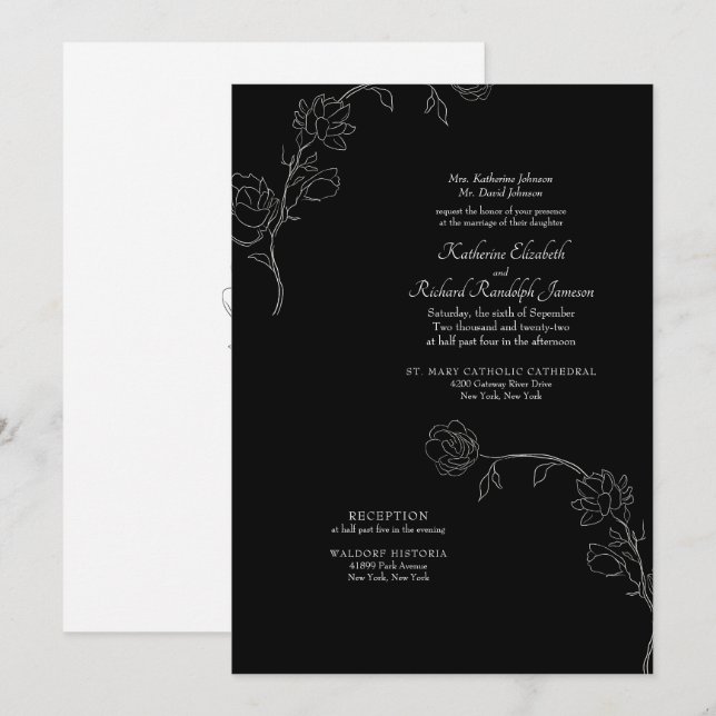Invitation Jasmine Outline Mariage officiel noir (Devant / Derrière)