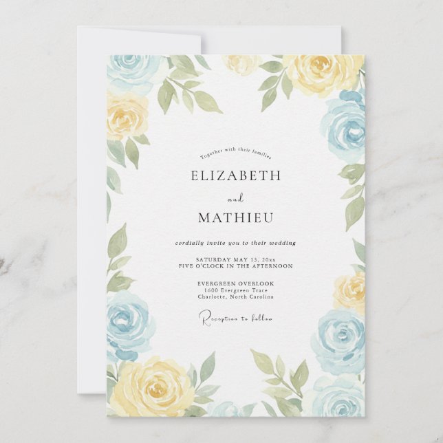 Invitation Jaune Beurre Ciel Ranunculus Eucalyptus Mariage (Devant)