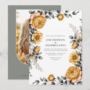 Invitation Jaune Beurre et Gris Colombe Floral Botanique Mari