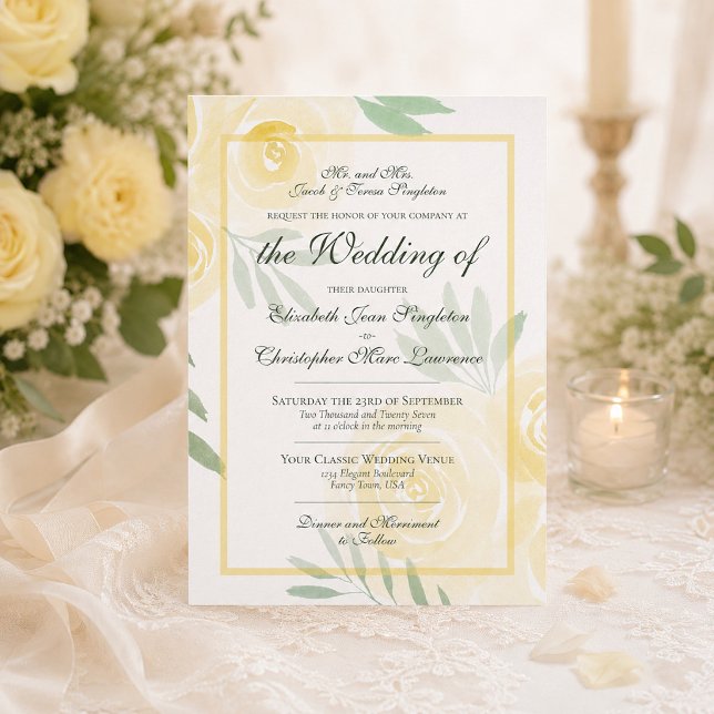Invitation Jaune Beurre et Roses Bohèmes Dorées Mariage Forme (Créateur téléchargé)