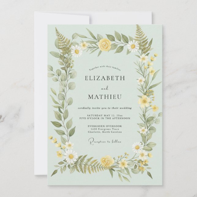 Invitation Jaune Beurre Feuillage Eucalyptus Poussiéreux Mari (Devant)