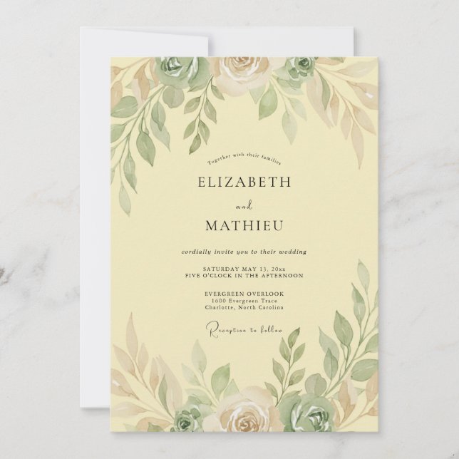 Invitation Jaune Beurre Feuille d'Olive Mariage (Devant)