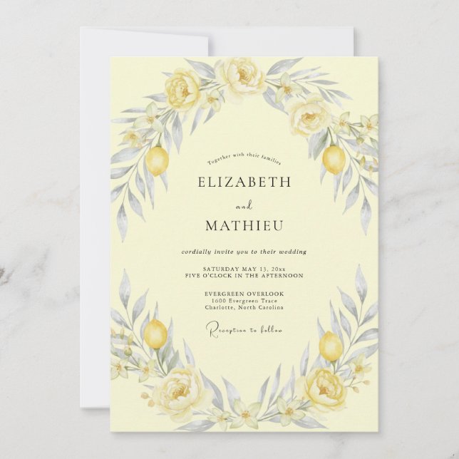 Invitation Jaune Beurre Mariage Citron Eucalyptus (Devant)