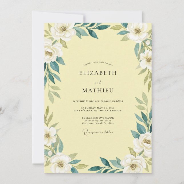 Invitation Jaune Beurre Mariage Feuille de Téal (Devant)