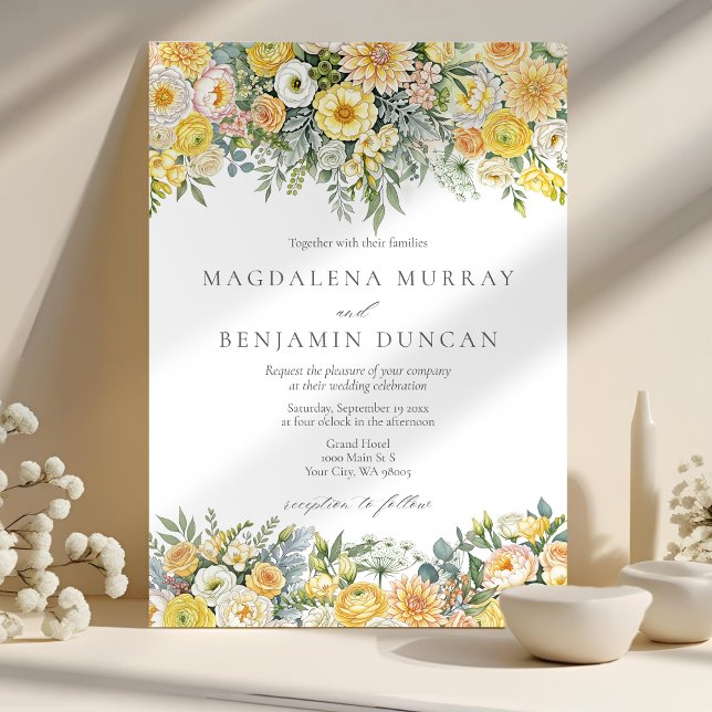 Invitation Jaune Beurre Pêche Sauge Vert Floral Mariage (Créateur téléchargé)