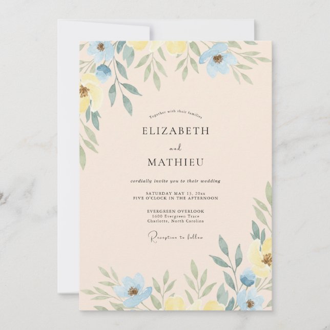 Invitation Jaune Beurre Pervenche Feuillu Mariage (Devant)