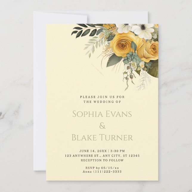 Invitation Jaune blanc et vert Floral Jaune Mariage (Devant)