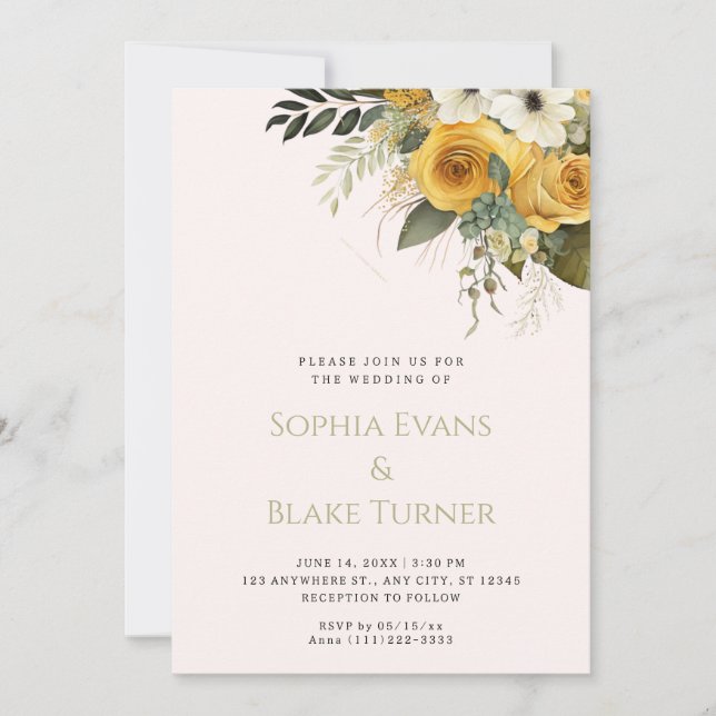 Invitation Jaune blanc et vert Mariage floral (Devant)