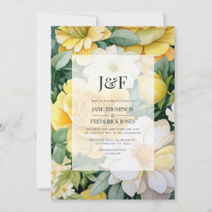 Invitation Jaune, blanc et vert Mariage floral Monogramme