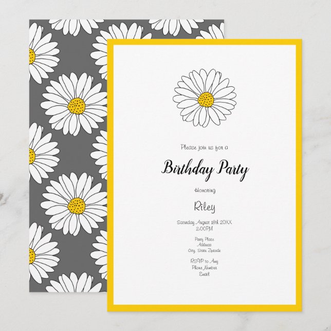 Invitation Jaune blanc marguerite gris jaune blanc marguerite (Devant / Derrière)